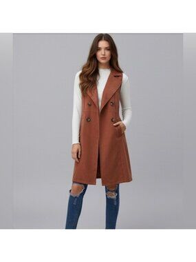 Rust Double-breasted Waterfall Collar Trench Vest